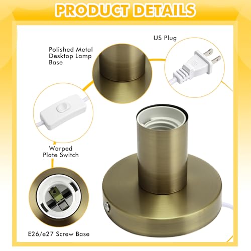 2 Pcs Polished Metal Desktop Lamp Base E26 E27 Screw Light Bulb Holder Sockets Night Light Base Lamp Replacement for Holding Bulb 6 Feet Cord on Off Switch Plug (2 Count)