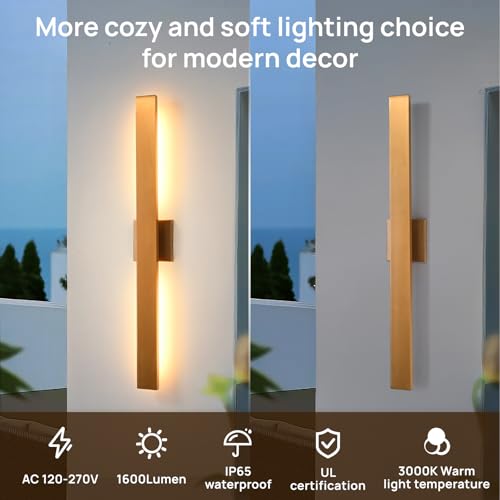 Gold LED Outdoor Wall Lights 34in Modern Exterior Light Fixture 3000K Waterproof Aluminum & Glass Outside Lights for House Front Door Patio