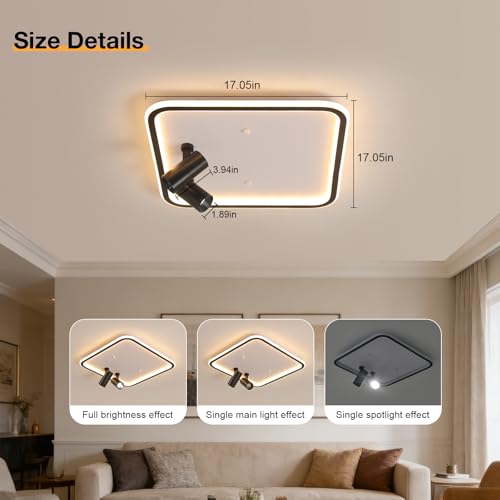 Modern Square LED Flush Mount Ceiling Light with 2 Spotlights