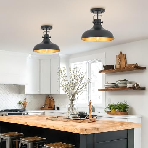 Metal Semi Flush Mount Light Fixture 11.4 inch Ceiling Light Black
