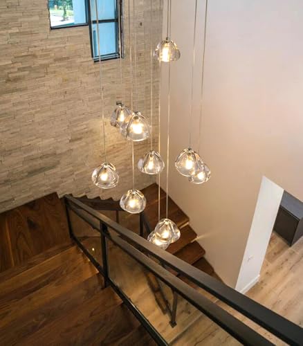 Glam Chandelier with LED Dimmable Bulbs Bubble Crystal Balls Glam Chandeliers High Ceiling Pendants Light Fixtures Adjustable Long Lights Brushed Nickel