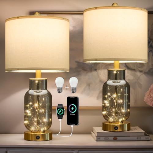 22" Glass Table Lamps Set of 2 with LED Nightlight for Bedroom (2 Count)