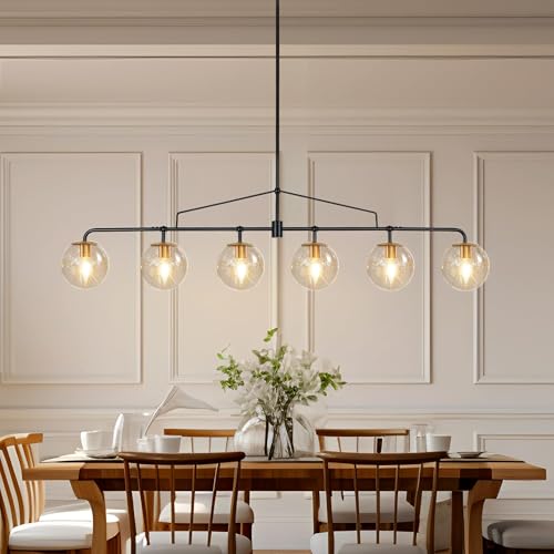 Modern Linear Chandelier 6 Lights Seeded Glass Globe Sputnik Pendant Light