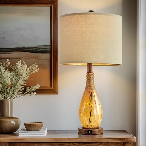 23" USB A+C Table Lamp for Bedroom Living Room Modern Bedside Lamps Retro Farmhouse Rattan Glass Nightstand Nightlight Lamps