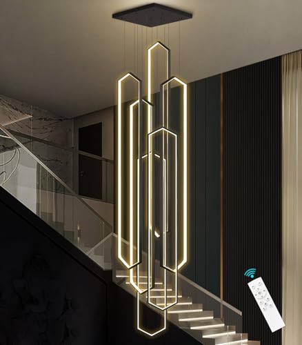 6 Rings Black Modern Long Large Chandelier Dimmable LED High Ceiling Chandelier for Living Room Foyer Staircase Enterway Hanging Light Fixture Modern Ceiling Light