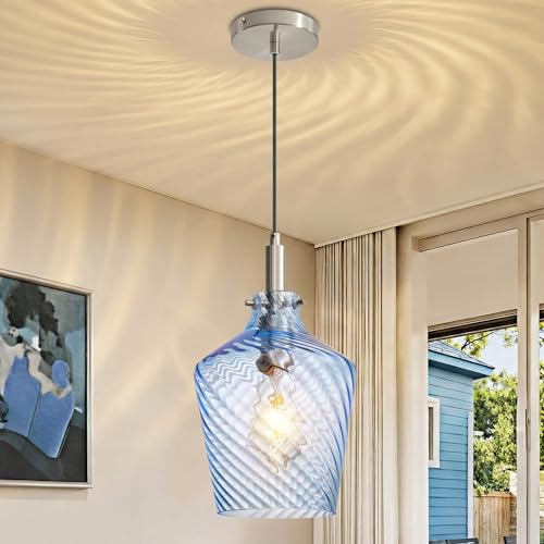 Stripes Blue Glass Pendant Light for Kitchen Island Nickel 8 Inch 1 Pack