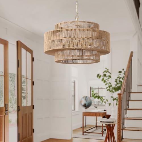 23.6"Large Boho Rattan Farmhouse Chandeliers for Dining Room
