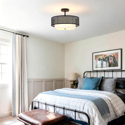 16" Black Rattan Ceiling Light