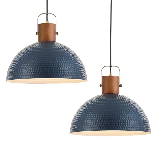 2 Pack Large Ash Wood Pendant Light Fixtures 16 Inch Hammered Metal Dome Hanging Lamp with Brass Handle Chandeliers for Farmhouse Kitchen Island Dining Room Sink Bedroom Hallway (2 Count)