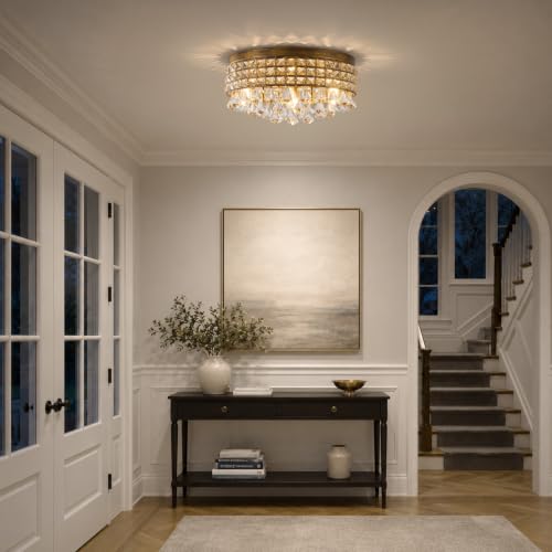 Antique Crystal Flush Ceiling Light (Antique Brass)