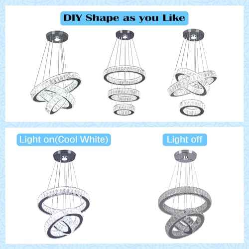 Finktonglan 3-Ring Round Crystal LED Chandelier, 52W 6500K Cool White | 15.6-Inch K9 Crystal Rings, Adjustable Height and Shape, Non-Dimmable Pendant for Dining Room, Living Room and Foyer