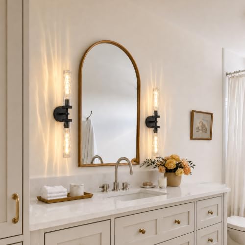 Bathroom Sconce 24in Black Sconce with Water Ripple Glass