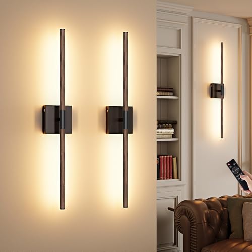 Walnut Black Battery Operated Wall Sconces Set of 2 with Remote