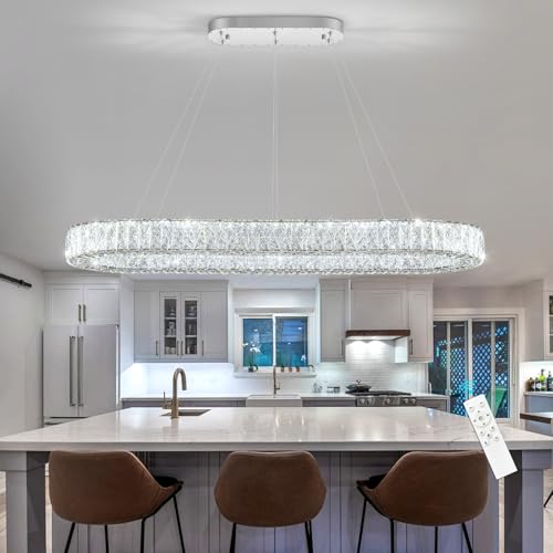 Modern Oval Crystal Chandelier for Dining Room Dimmable LED Chandeliers Rectangular Pendant Light Fixture with Remote for Living Room Kitchen Island Silver