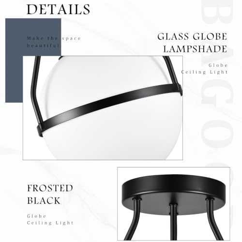 10" Mid Century Ceiling Light Modern Semi Flush Mount Ceiling Light Fixture Globe Ceiling Light Fixture with Milk Glass Shade Matte Black Finish for Kitchen Island Hallway Foyer