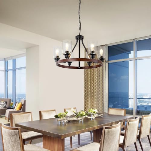 6 Light Farmhose Chandelier for Dining Room Light Fixture Faux Wood Kitchen Pendant Light Round Rustic Ceiling Hanging Lighting with Glass Globes Adjustable Height Metal E26