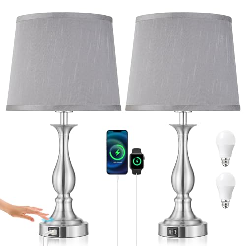 Bedside Table Lamp Touch Control Bedroom Lamps with USB A + C Charging Port 3 Way Dimmable Touch Lamps for Nightstand Living Room Bedroom Dorm Home Office Reading (2 Count)