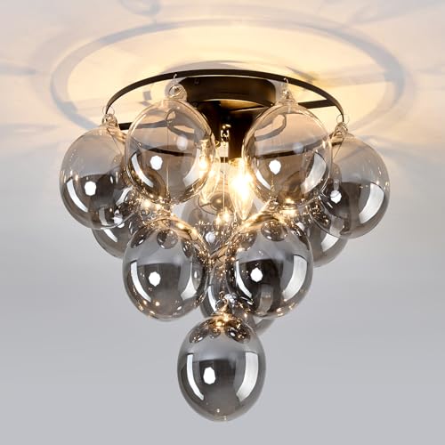 Modern Sputnik Ceiling Light Fixture 2 Light Flush Mount Chandelier with 11 Glass Globe Black Dining Room Light Fixture for Living Room Master Bedroom Kitchen Farmhouse