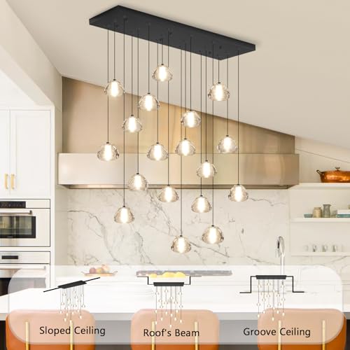 Crystal Rectangular Chandeliers for Living Room Dining Room Light LED Pendant Lights Fixtures Lighting Chandelier for Foyer Entrance Black