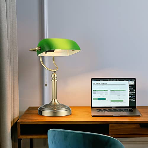 Green Glass Bankers Desk Lamp with USB Fast Charging Port