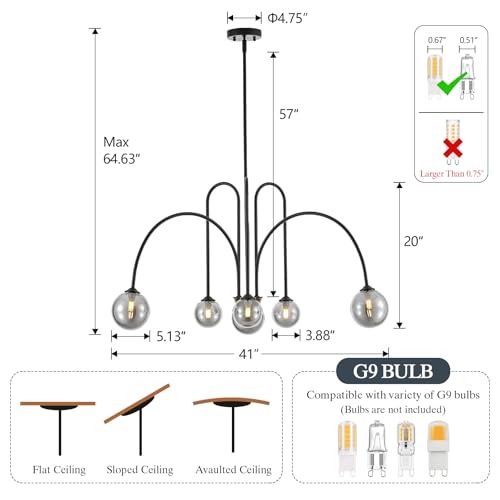 6 Light Modern Sputnik Chandelier L41’’ Black Mid Century Pendant Chandelier with Smoked Glass Shades Contemporary Large Pendant Light Fixture for Foyer Bedroom Staircase Living Room Kitchen