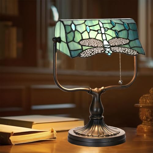TL0030 Dragonfly Tiffany Banker Desk Lamp Stained Glass Green Shade with Vintage Bronze Base W10.25 X OH13 Inches