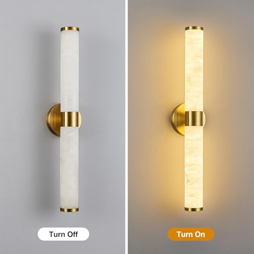 Natural Alabaster Wall Sconces Modern Gold LED Wall Lights 24" Spanish Marble Cylinder Sconces for Living Room Bedroom Bathroom Hallway