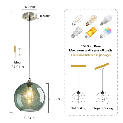Gray Green Glass Pendant Lights Kitchen Island Lighting Globe Pendant Light Fixtures Modern Pendant Lighting for Kitchen Island Bedroom Living Dining Room Light Fixture (2 Count)