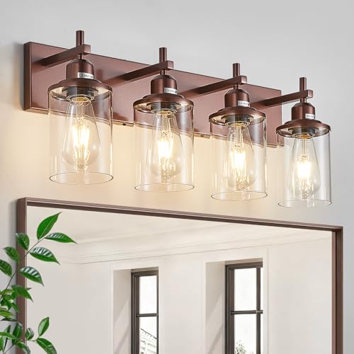 4 Light Bronze Bathroom Light Fixtures Over Mirror