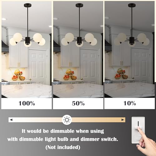 5 Light Globe Sputnik Chandelier Mid Century Sputnik Chandeliers Modern Black Globe Pendant Light Matte Black Finished with White Frosted Glass Lampshade for Dining Room Bedroom Kitchen