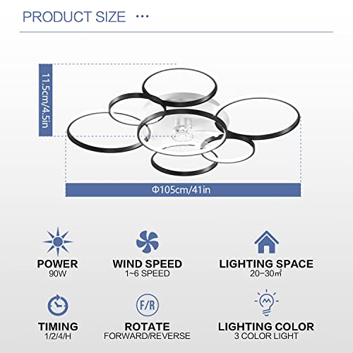 41" Black Modern Ceiling Fan with LED Light and Remote
