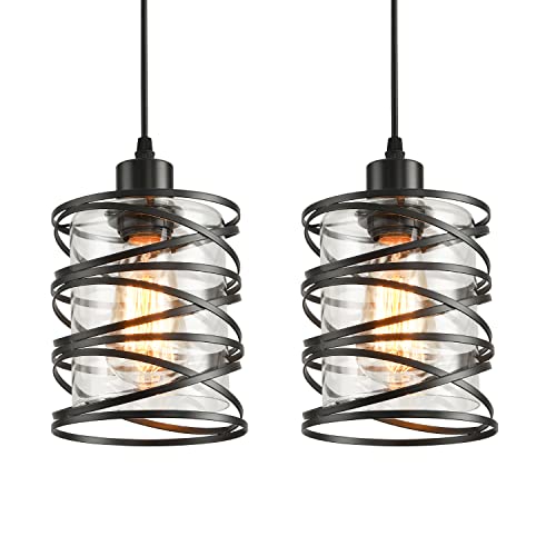2 Pack Black Spiral Cage Pendant Lights with Clear Glass Shade (2 Count)