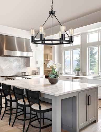 L LOHAS LED Black Farmhouse Chandeliers for Dining Room, 6-Light Wagon Wheel Chandelier Over Table, Height Adjustable, 19" Dining Room Light Fixtures, Modern Chandelier for Kitchen Island Living Room