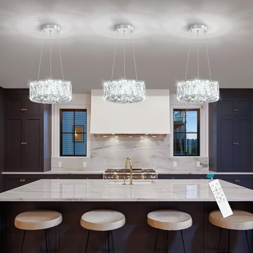 Modern Ring Crystal Chandelier Remote Dimmable Pendant Ceiling Light Fixtures for Living Room Kitchen Island Dining Room Silver