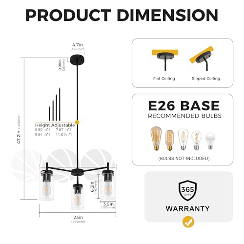3 Light Black Chandelier for Dining Room Light Fixture