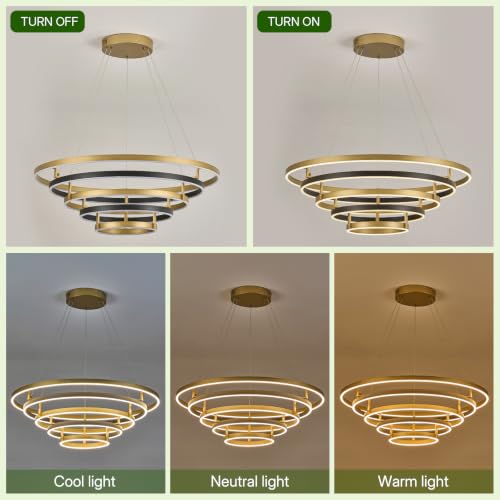 5 Rings LED Chandelier Black Gold Dimmable Circular Pendant Light for Dining Room