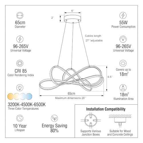 Modern LED Chandelier Chrome, 55W Dimmable 26 Inch | LED Pendant Chandelier, 3-Light Figure-8 Design, Remote & APP Dimmable, Coverage 180 sq.ft for Dining Room