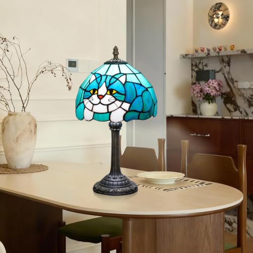 Tiffany Style Stained Glass Table Lamp Cat Small Table Lamp Bedroom Bedside Lamp Living Room Dining Room Office Decoration Desk Lamp Home Decoration Creative Gift