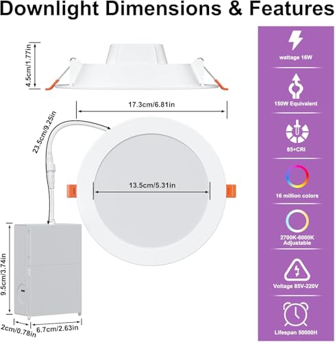Smart Recessed Lighting 6 Inch RGBCW Color Changing 16W LED Downlight with Junction Box