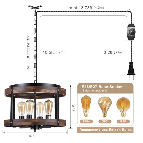 4 Light Large Rustic Farmhouse Plug in Pendant Light Fixture with Adjustable Chain