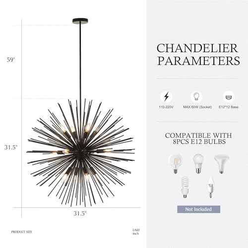 31.5" 12 Light Black Sputnik Chandelier Modern Industrial Foyer Light Fixtures