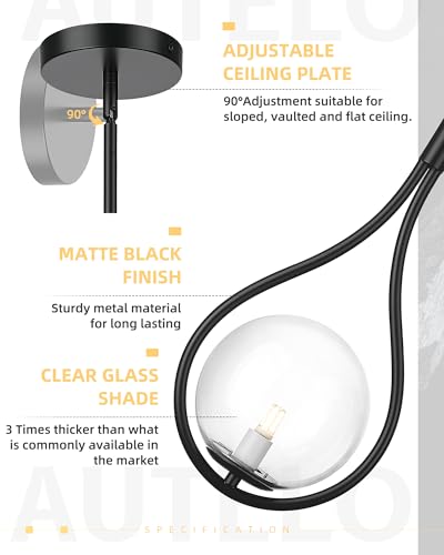 1 Light Black Pendant Lights Kitchen Island with Clear Globe Glass