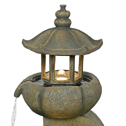 32" Tall 2 Layer Pagoda Polystone Fountain with LED Lights