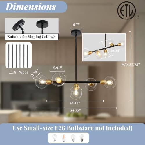 Black and Gold Linear Chandelier 5 Lights Modern Sputnik Chandeliers