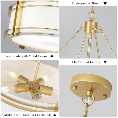 20.4'' Gold Drum Chandelier with White Linen Fabric Shade