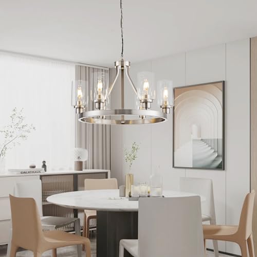 6 Light Modern Dining Room Light Fixture Brushed Nickel Kitchen Chandelier Ceiling Hanging Pendant Lighting with Glass Shade for Living Room Bedroom Entryway Adjustable Height Metal E26
