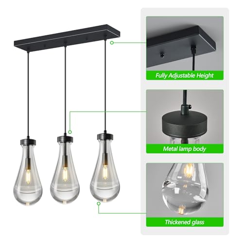 Raindrop Pendant Lights Kitchen Island Teardrop Black Hanging Light Fixtures Clear Solid Glass Pendant Light Modern Chandeliers for Dining Room Porch Corridor Living Room