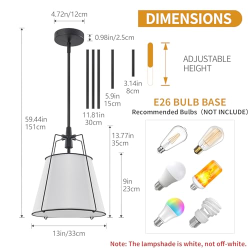 Modern Pendant Light Fixtures with 13" White Linen Fabric Shade