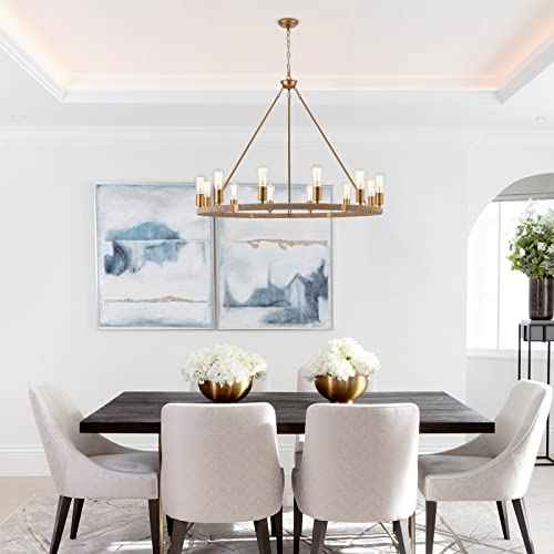 12-Lights Wagon Wheel Chandelier Bohemia Hand Woven Rattan Chandelier Farmhouse Large Pendant Light for High Ceilings Living Room Dining Room, Brass, Dia 42 Inch, UL Listed