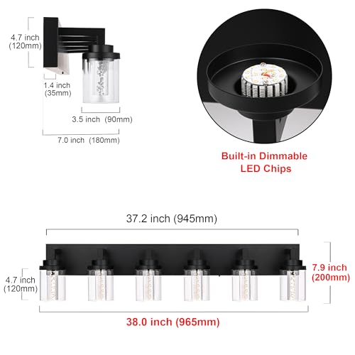 6 Light Dimmable LED Bathroom Light Fixtures in Black Finish